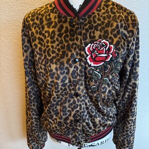 NWT Rodeo Quincy NWT Leopard Print Bomber Jacket with Rose Embroidery Medium